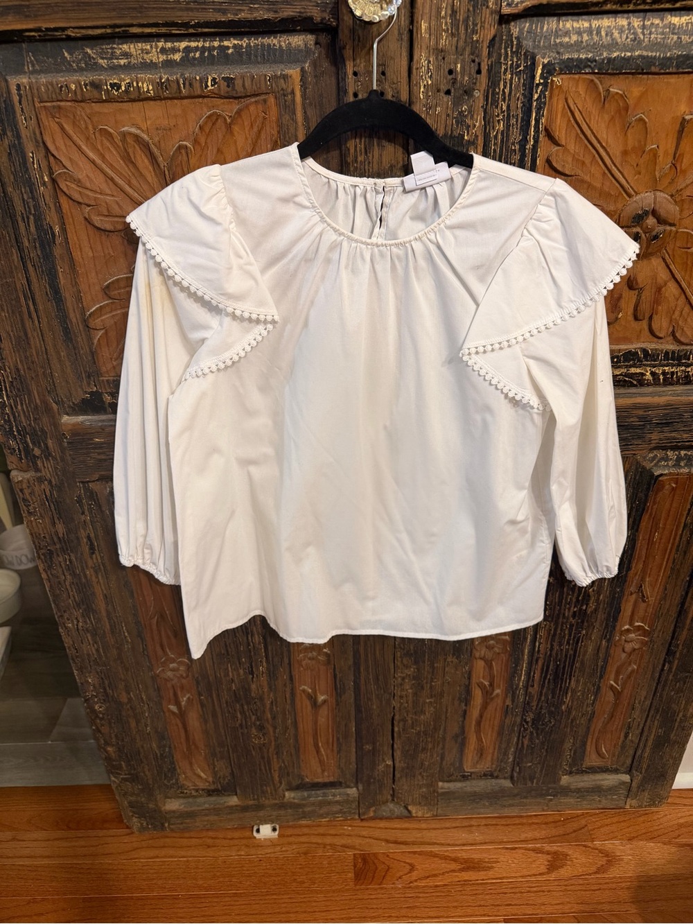 Liz Claiborne White Blouse with Pom-Pom Trimmed Ruffle Shoulders